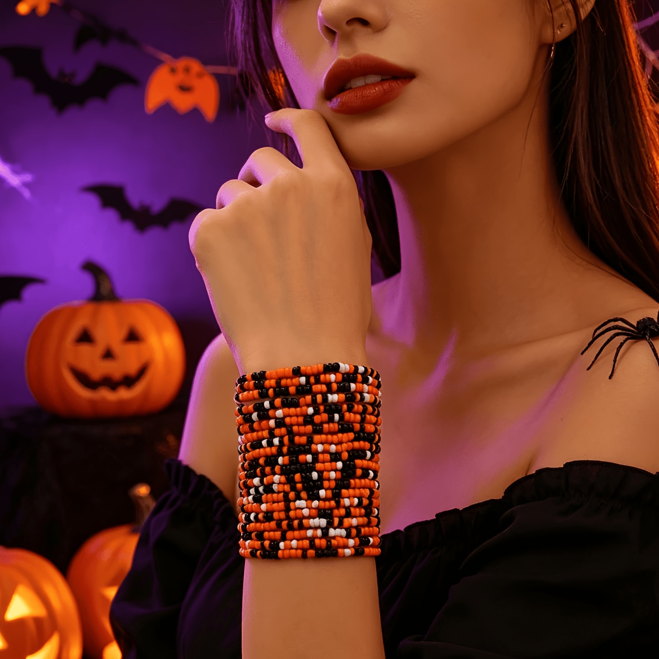 20pc Bohemian Halloween Orange Rice Bead Stackable Bracelet Set